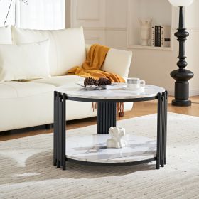 28.35 inches Round Coffee Table, Small Coffee Table with Storage, Faux Marbling Top & Sturdy Metal Legs, Modern Sofa Table for Living Room