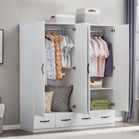 Armoire Wardrobe Closet 4 Door: 4 Drawers Wooden Cabinet Closet Wardrobe with Mirror and Hanging Rod High Storage Capacity for White Closet Cabinet 63