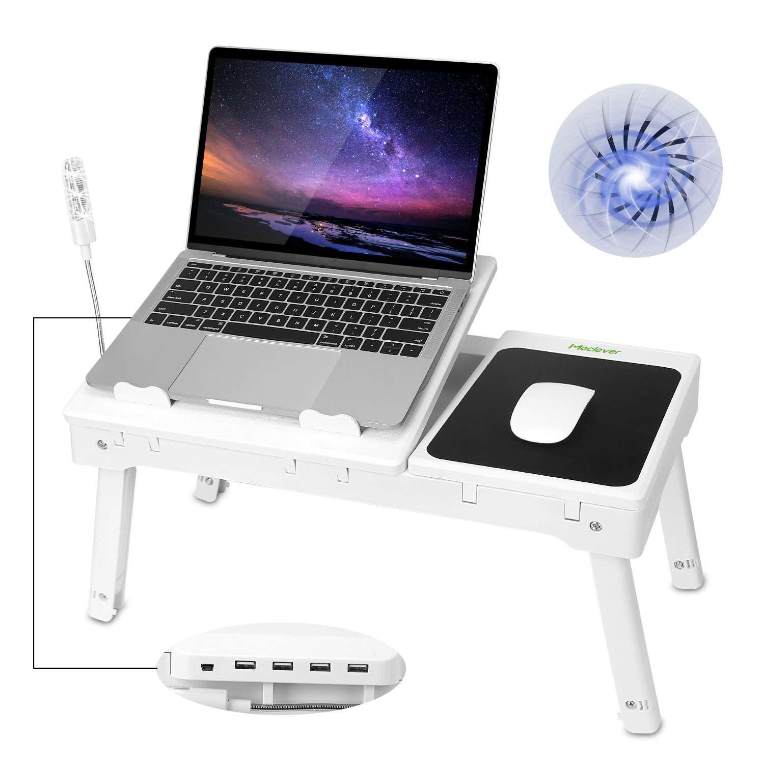 Foldable Laptop Table Bed Notebook Desk with Cooling Fan Mouse Board LED light 4 xUSB Ports Breakfast Snacking Tray Foldable Laptop Table Bed Notebook Desk with Cooling Fan Mouse Board LED light 4 xUSB Ports Breakfast Snacking Tray